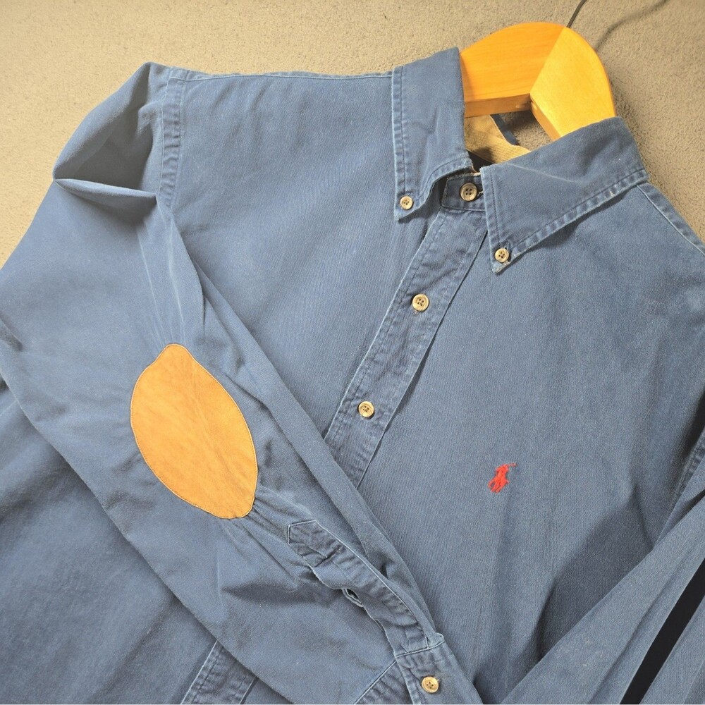 Vtg Polo Ralph Lauren Men XL Classic Fit Blue Brown Elbow Patch Button Up Shirt